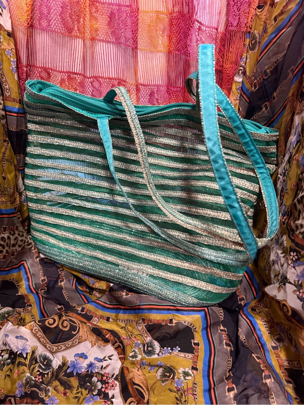 Sony Costumes Teal Striped Women's Tote Bag and Visor Set vintage